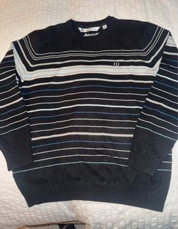 Travis Mathew black, white, and blue horizontal striped crewneck sweater Size Large