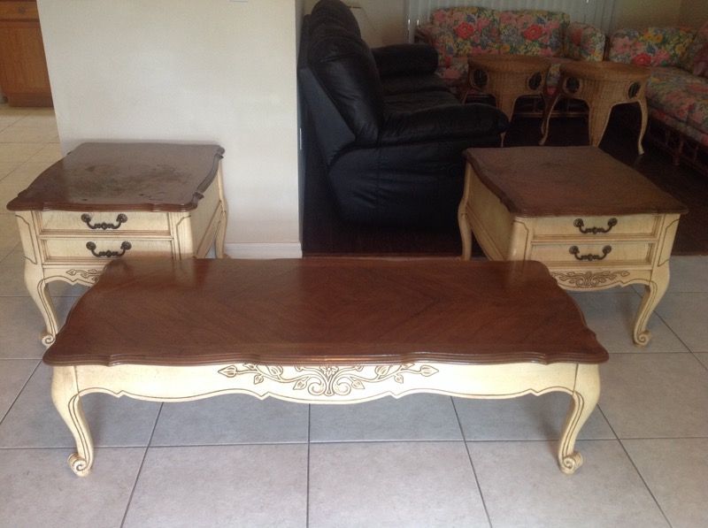 Vintage queen Ann coffee table and two end tables with drawers