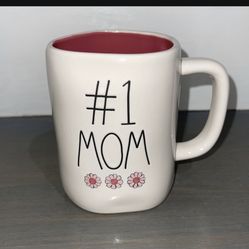 Rae Dunn “# 1 MOM 🌸 🌸 🌸 “ White Mug With Pink Inside With Pink Flowers