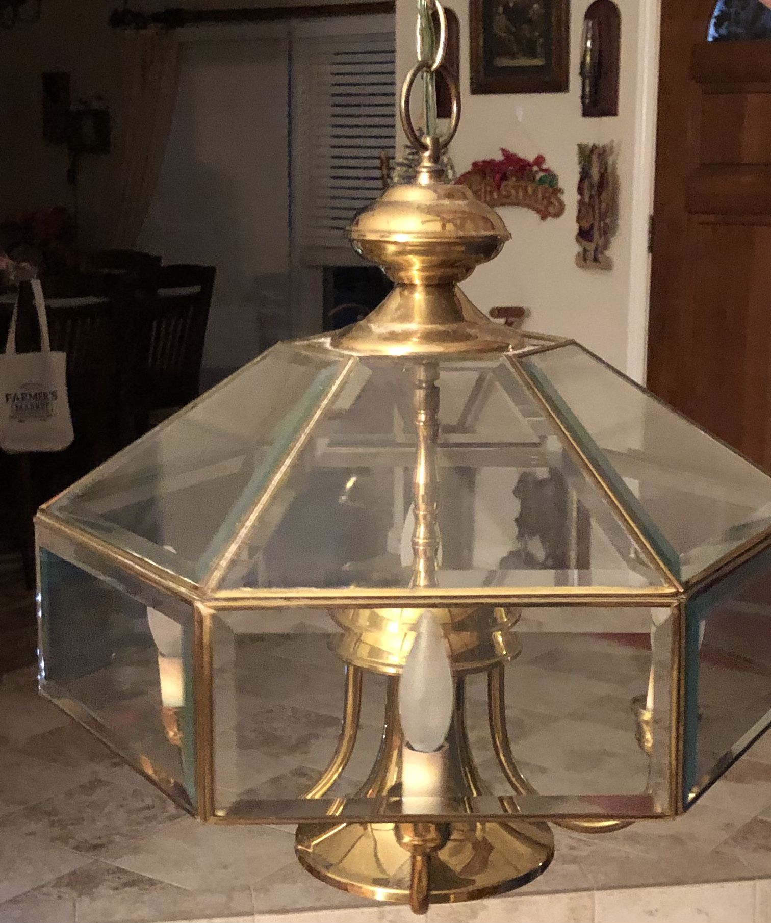 Vintage Beveled Glass And Brass With Four Candelabra Lights