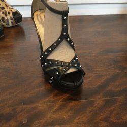 Marc Fisher Black Leather Studded Peep Toe Heels