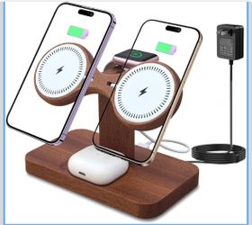 Wood Dual Phone Charging Station Compatible with Magsafe Charger Stand Magnetic Wireless Charger for iPhone 17 16 15 14 13 12 Series iWatch AirPods Wi