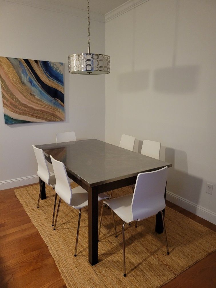 Stainless Steel & Wood Table 60x35 W/6 Chairs