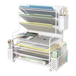 New 16.75 in x 16.75 in 7 Tier Desk File Organizer,Letter Tray Paper Organizer and Pen Holder and Metal Hanging Basket,White