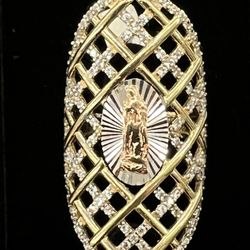 $450 3 Tone Gold w Zirconia Virgin Mary Gold Ring 