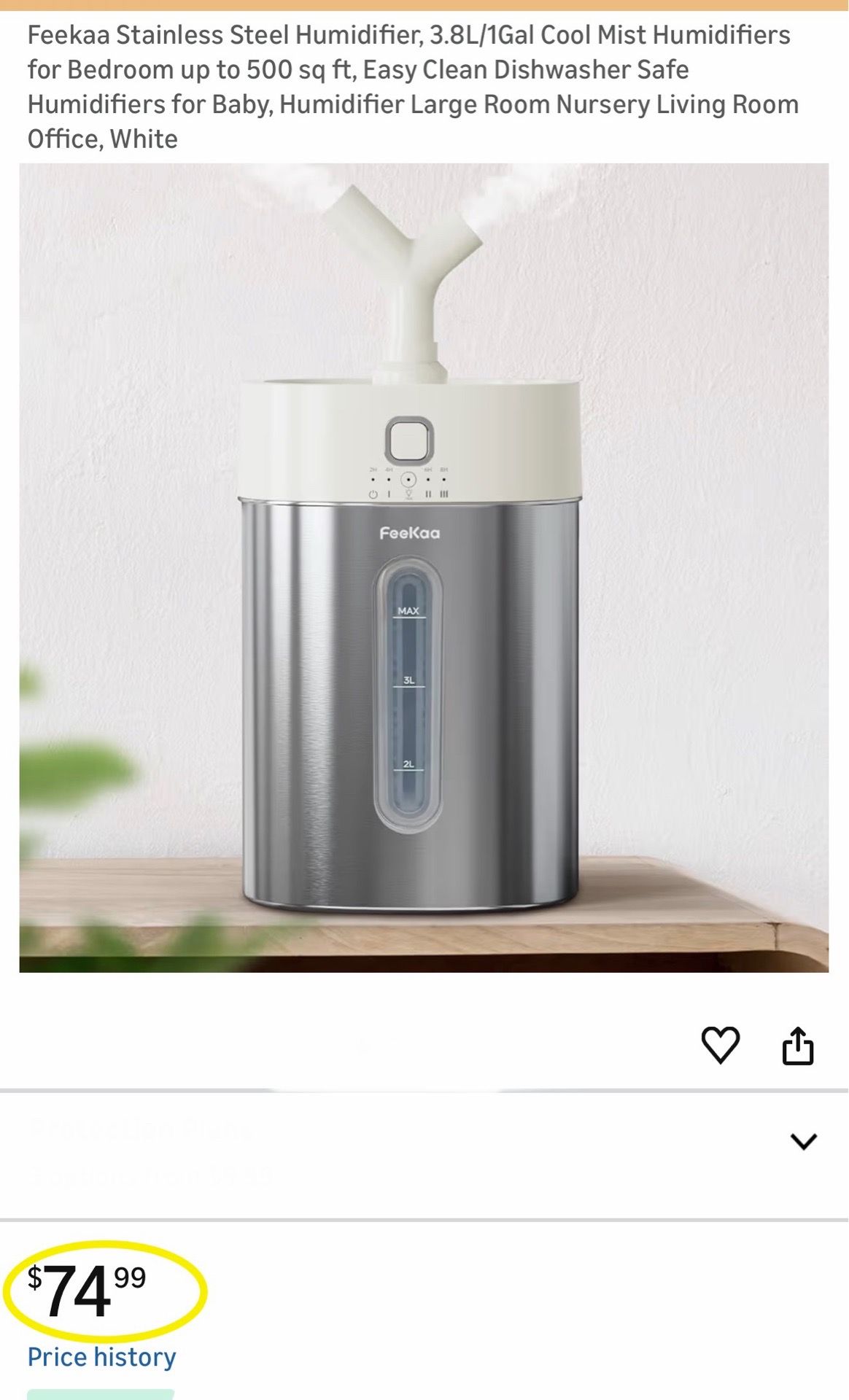 Feekaa Stainless Steel Humidifier, 3.8L/1Gal Cool Mist Humidifiers for Bedroom up to 500 sq ft, Easy Clean Dishwasher Safe Humidifiers for Baby, Humid