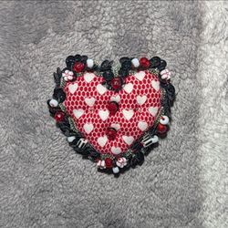 Handmade Beaded Heart Brooch Pin Red Fabric Core Black Sequins Lace Edging OOAK