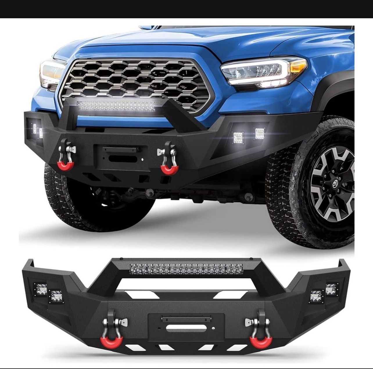 New in the box 16-23 Tacoma Front Bumper w/ Winch Plate, 144W Light Bar, 4x18w Lights, D-rings, License Plate Bracket for Toyota Tacoma 3rd Gen 2016-2