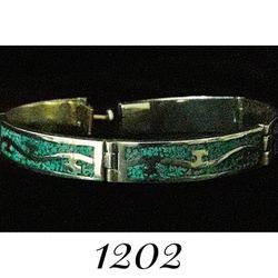 6" x 10mm Heavy Solid Sterling Silver Crushed Turquoise 5 Panel Mayan Aztec Hinged Bracelet