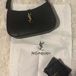 YSL Black Leather Shoulder Bag + Matching Wallet Set Gold Hardware