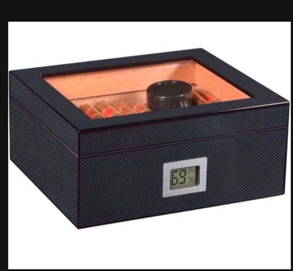 Box with Digital Hygrometer and Humidifier, Carbonk Fiber Glass Top Case Gift Set, Cedar Wood Accessories Gift