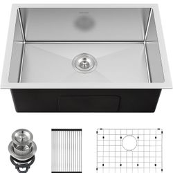 Black Kitchen Sink Undermount 25 x 18 inch, SINKVINE PVD Nano Stainless Steel Outdoor Sink, Single Bowl Laundry Basin with 3.5" Drain Strainer, Bottom