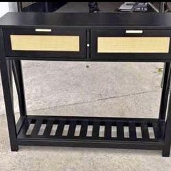 New in Box Console Table with 2 Rattan Drawers, Entryway Table w/ 3-Tier Shelve Black or White