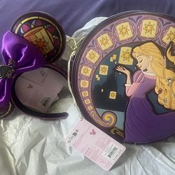 Rapunzel Loungefly Crossbody + Rapunzel stained glass ears + micro sequin Rapunzel backpack