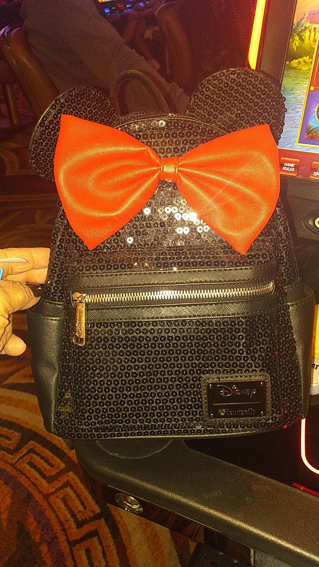 Black and red sparkly Minnie Mouse backpack