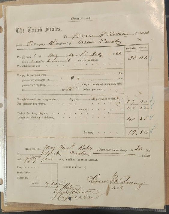 1864 2nd Maine Calvary Pay Voucher Private Horace Bowing 