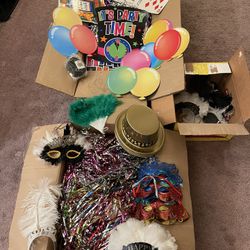 3 Boxes Of Party Decorations Masks Hats
