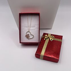 14K Butterfly & Heart Pendant With Necklace 22"