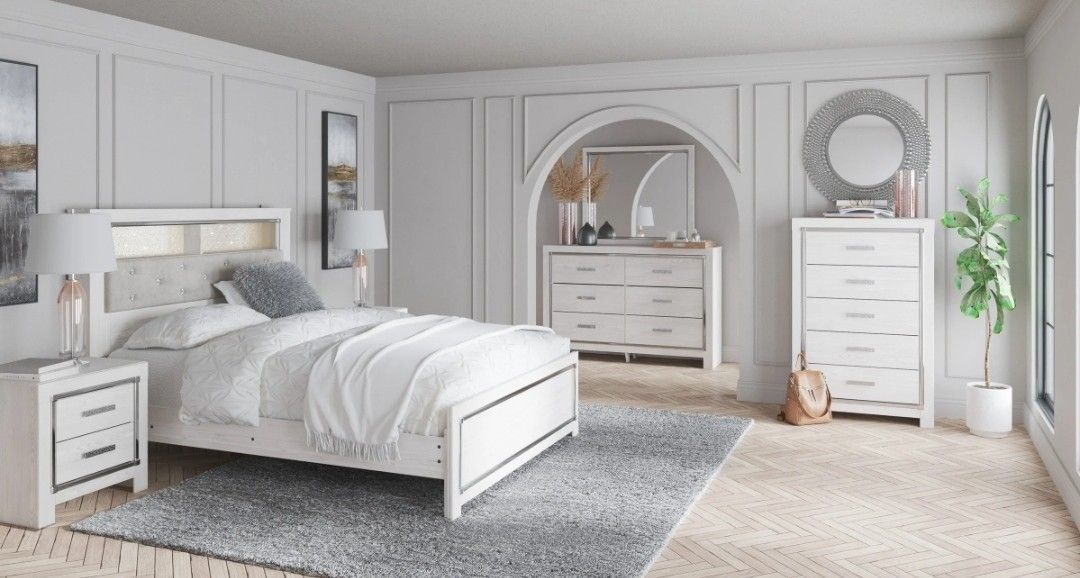 Altyra White Upholstered Bookcase LED Panel Bedroom Set