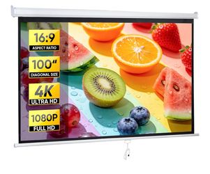 Manual Pull Down Projector Screen, 100 Inch 16:9 White HD 4K Supported, Retractable Ceiling & Wall Mount