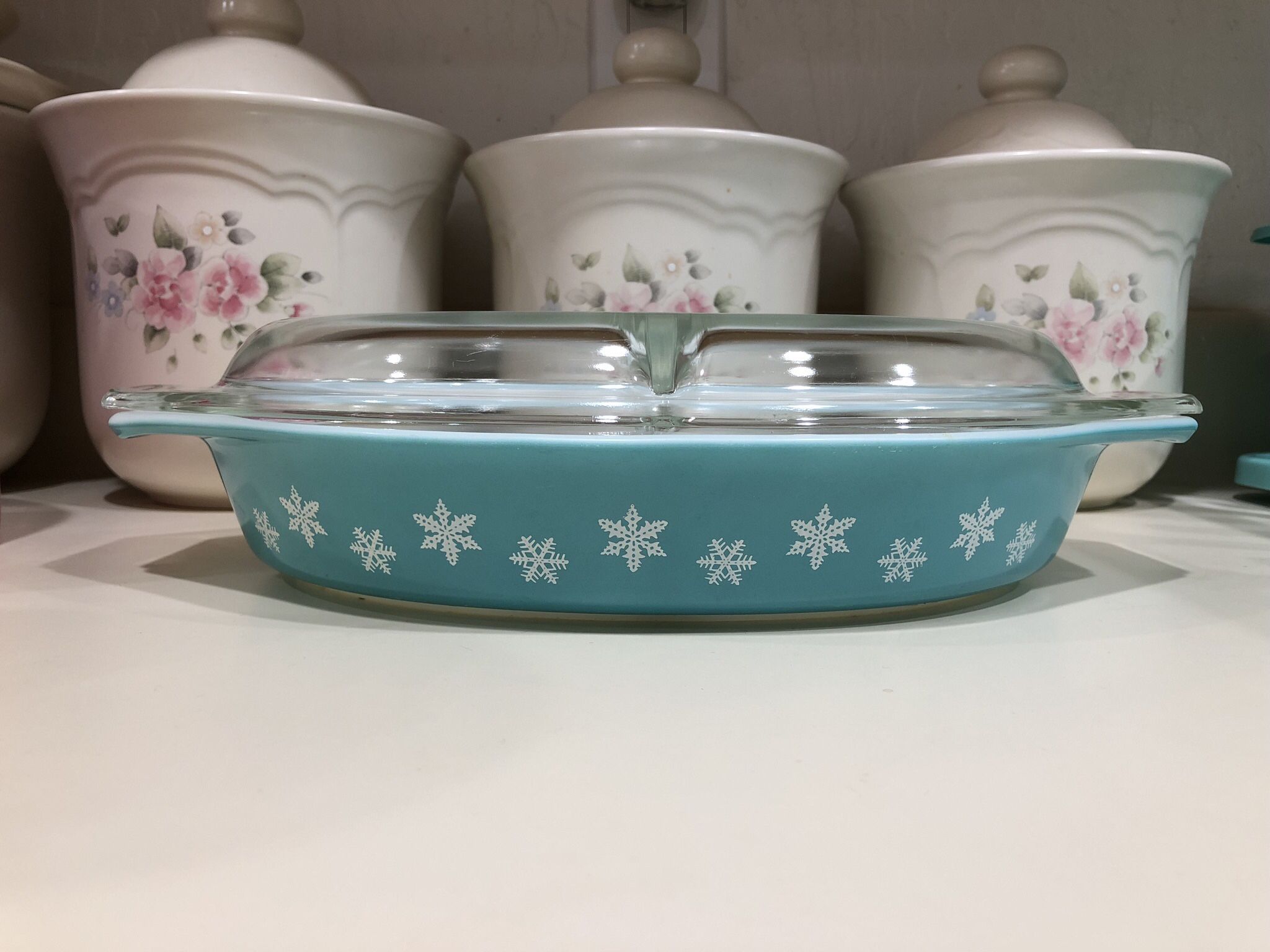 Vintage Pyrex Turquoise Snowflake Divided Casserole Dish