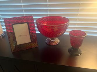 Red glass frame , bowl , candle holder