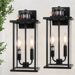 Large Motion Sensor Outdoor Sconce 2-Pack, 16" Black Dusk to Dawn Wall Light