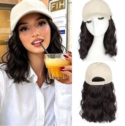 Beige Hat/Cap Wig with Dark Brown 10" Hair Extensions Attached