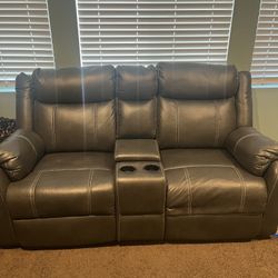 Leather Love Seat With Cup Holder And Compartment 