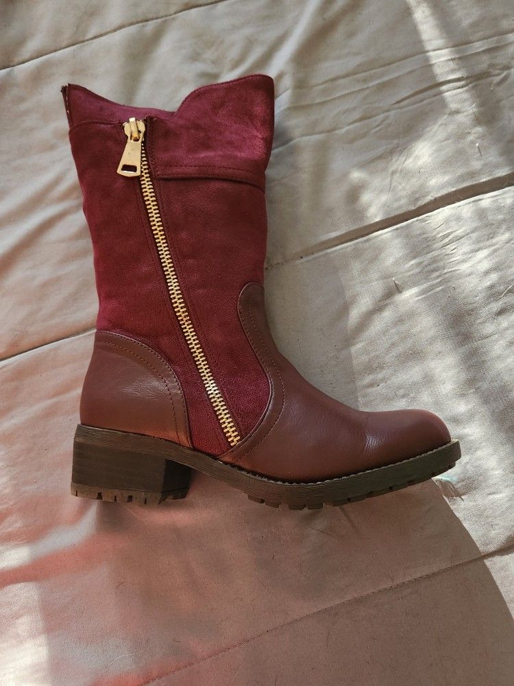 Burgundy Suede and Leather Calf Boot Size 8 Medium Width