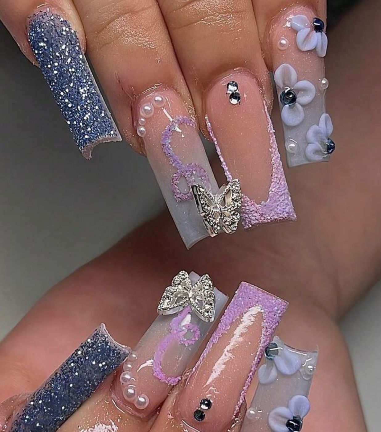 24 pcs blue french 3 D flower silver butterfly coffin shape fake nails