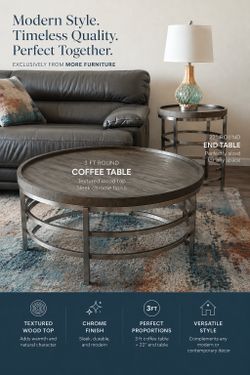 Round Textured Wood & Metal Table S– Coffee Table + End Tables