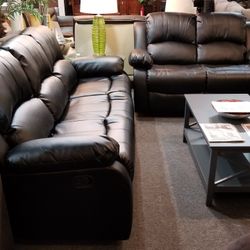 Brand New Black Bonded Leather Manual Reclining Sofa + Loveseat 2PCs Set