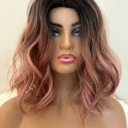 Pink Ombré Brown Wavy Beach Bob Wig New 10 Inch 