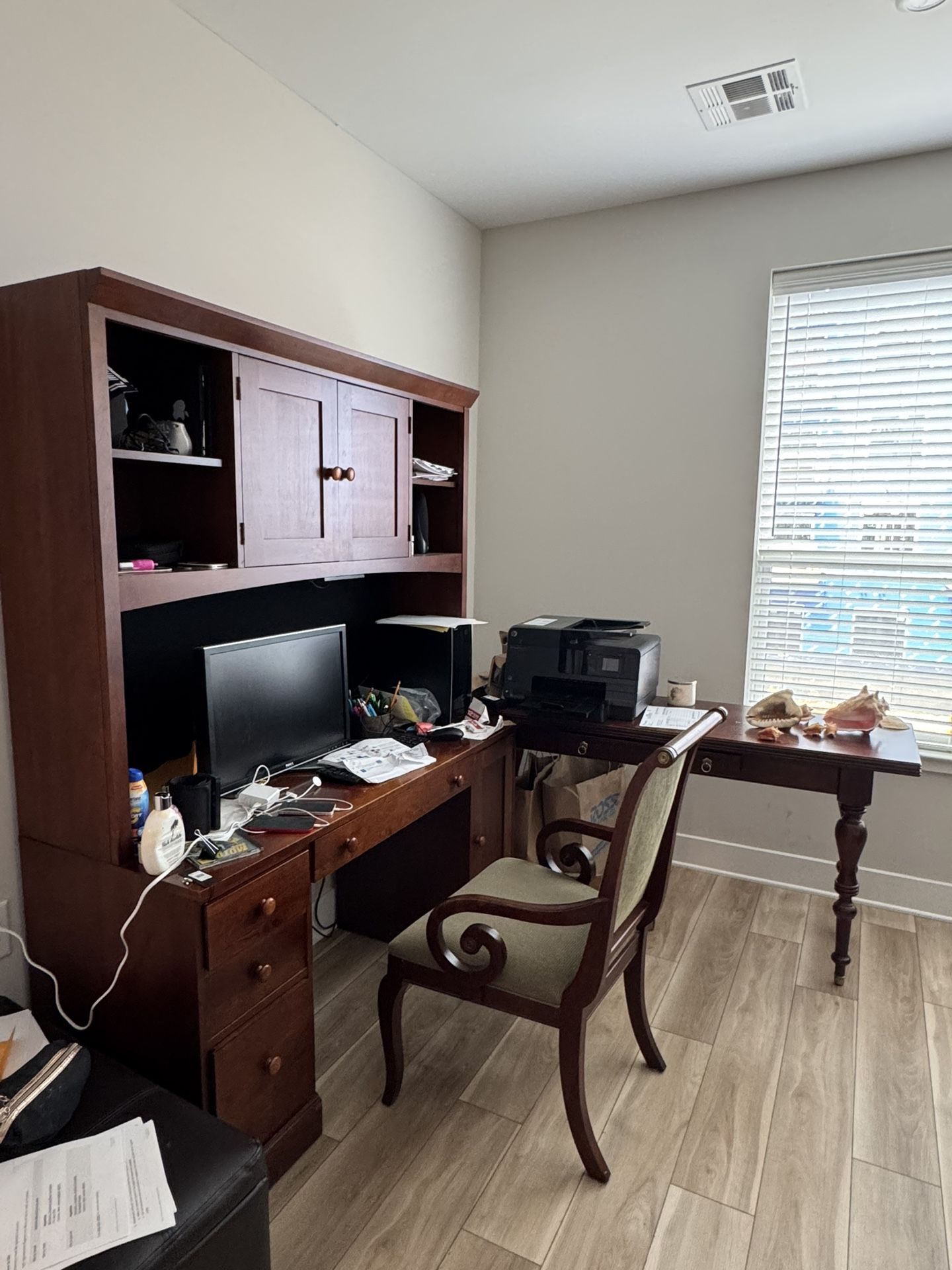 Ethan Allen Computer Desk With Cabinet Overhead And Chair And Side Table 