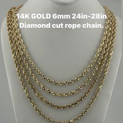 14K GOLD 6mm 24in-28in diamomd cut rope chain. brand new , re-stock.