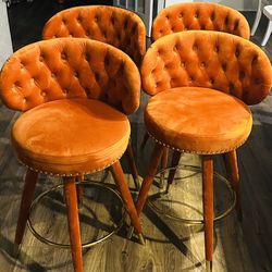 Modern Barstools Set of 4, Mid Century Counter Height Bar Chairs, with Velvet Tufted Backrest Footrest, Swivel Bar Stools for Kitchen Island, Dining R