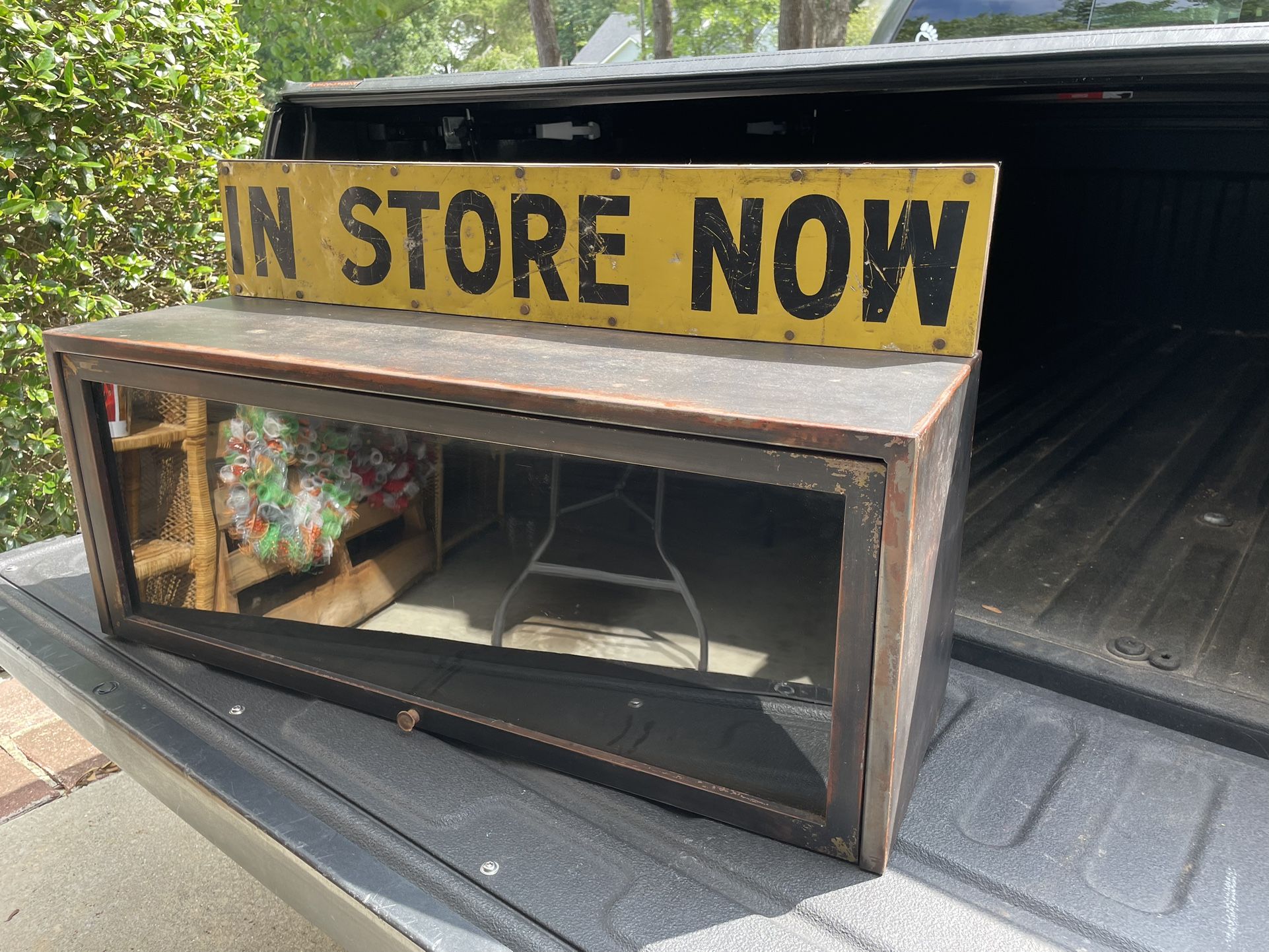 Vintage country store display metal cabinet In store now sign Measurements 34”L x 13”T x 11”W