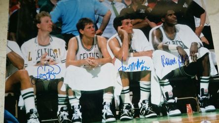 SIGNED BOSTON CELTICS BIG THREE BIRD, MCHALE, AND ROBERT PARISH 16" × 20"