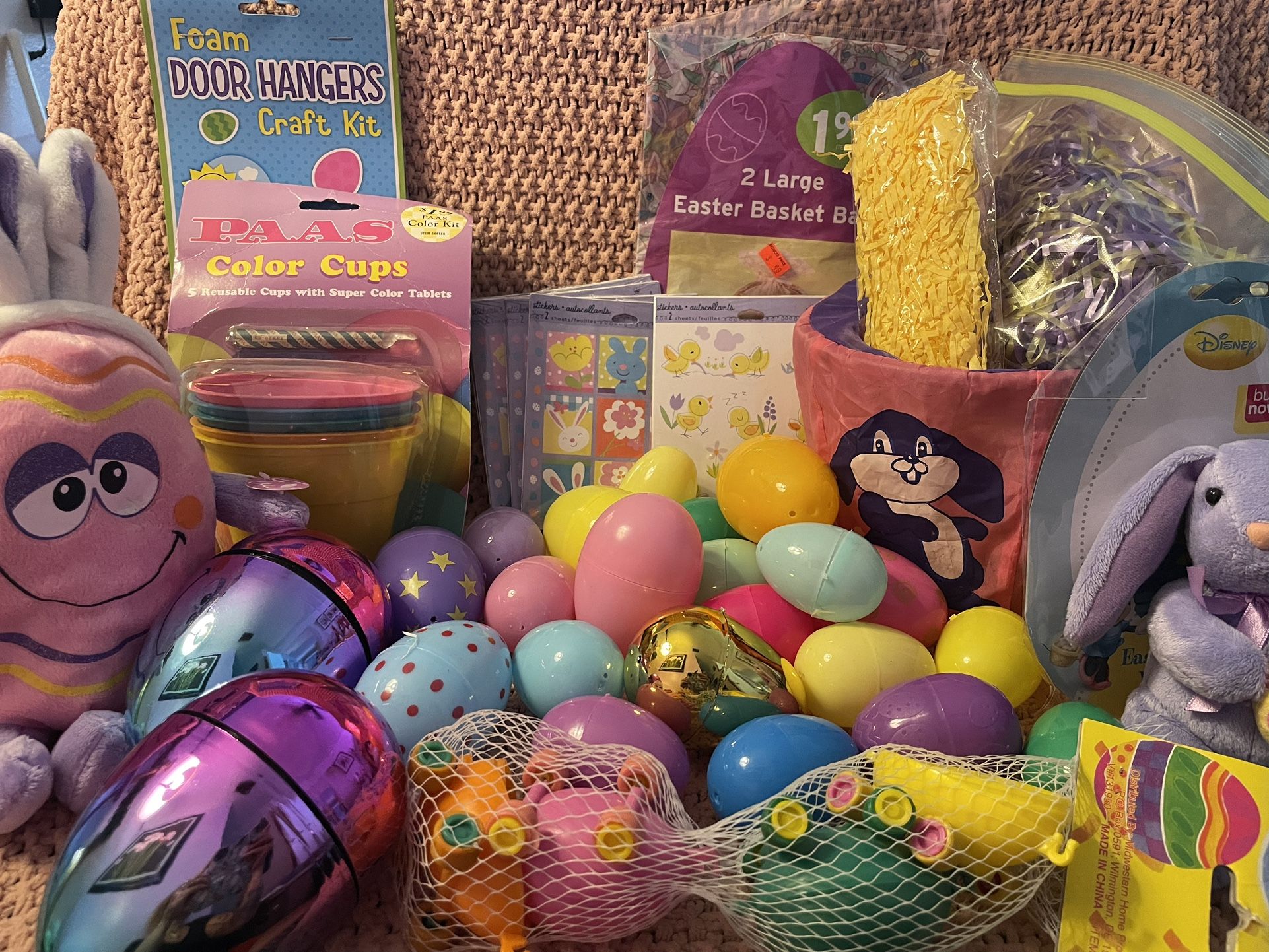 Easter Kids Lot- Mixed Lot- Some New Some Used - Eggs, Dye, Bunny, Baskets, stickers, large basket bag
