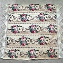 Crochet trimmed piece of vintage barkcloth.