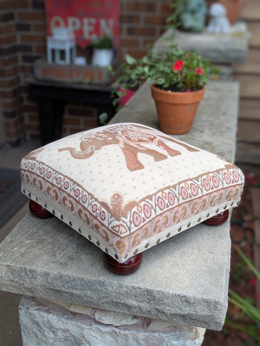 Vintage Boho Tapestry Elephant Step Stool With Studs & Wood Feet