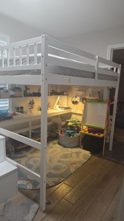 Full Size Loft Bed with Desk and Storage Shelves