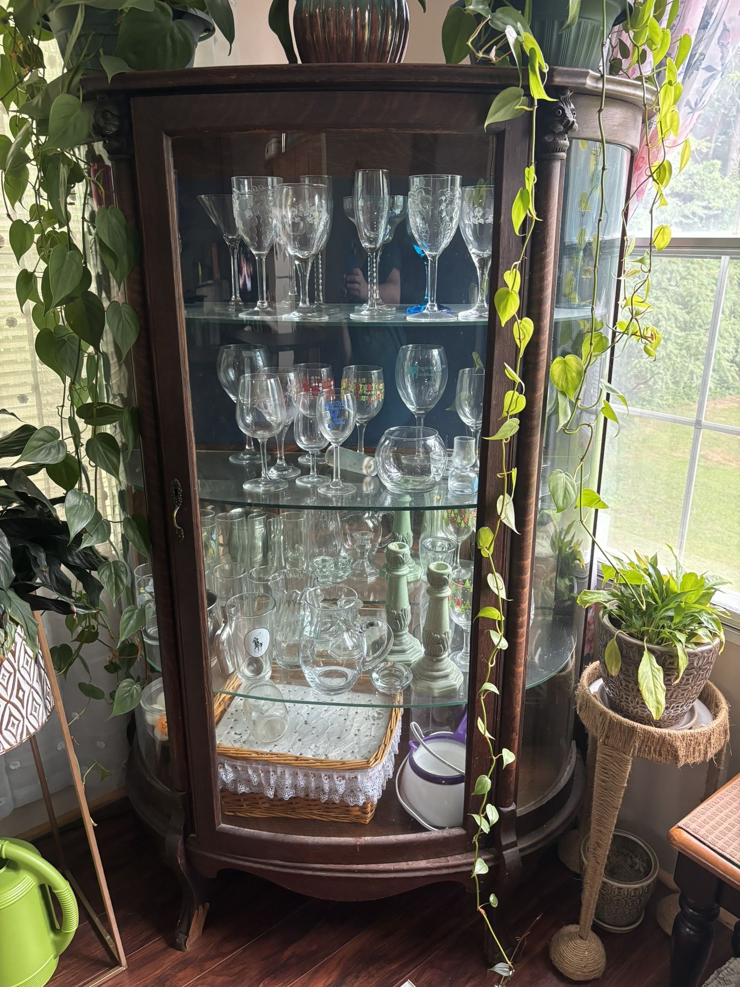 Early 1900s Claw Feet Solid Oak China Closet Display Curio Cabinet Cupboard