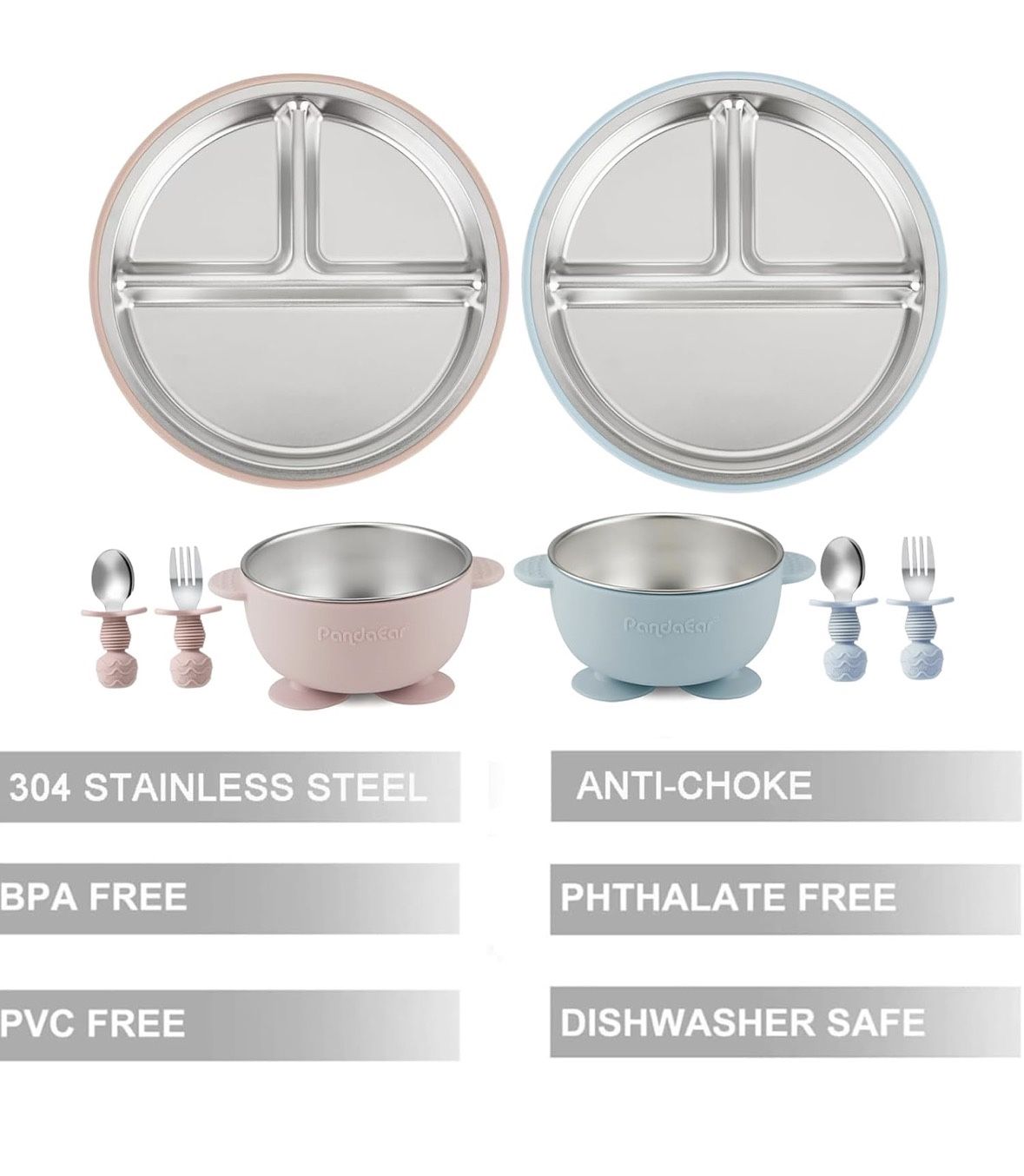 PandaEar 8PCS Baby Feeding Set | Stainless Steel Suction Plates and Bowls with Silicone Fork and Spoon Utensils | Baby Led Weaning Tableware for Toddl