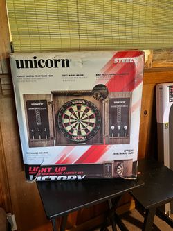 NEW……Unicorn LED Bristle Dartboard Cabinet Set - LED Tournament-Style Lighting - Official Size Dartboard - Woodgrain Finish C