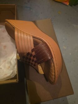 Tan Leather Woven Strap Heeled Mule size 8 or 9 basically new