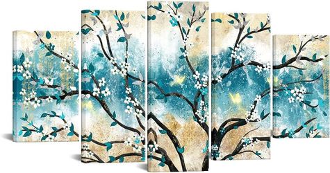 IKNOW FOTO Huge 5 Panel Canvas Print Blue Leaf With Yellow Butterfly White Rose Canvas Art Painting Teal Abstract Wall Art Flower Picture On Canvas Co