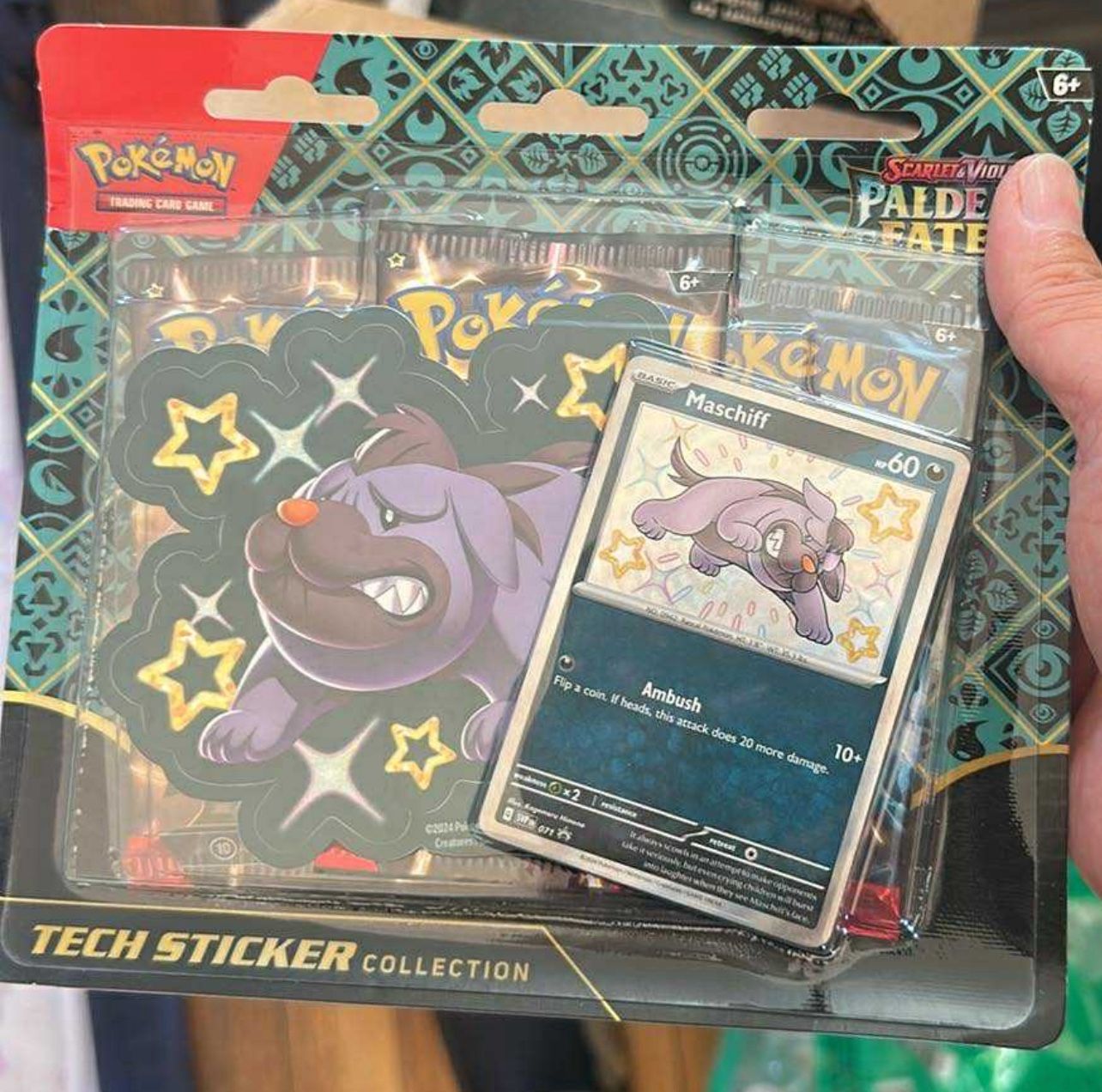 Pokemon TCG Paldean Fates Tech Sticker Collection Maschiff 3 Packs