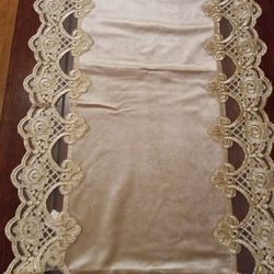 Table Runner...Soft/Elegant Damask Pattern In Velvety Polyester With Gold/Lace Border.
